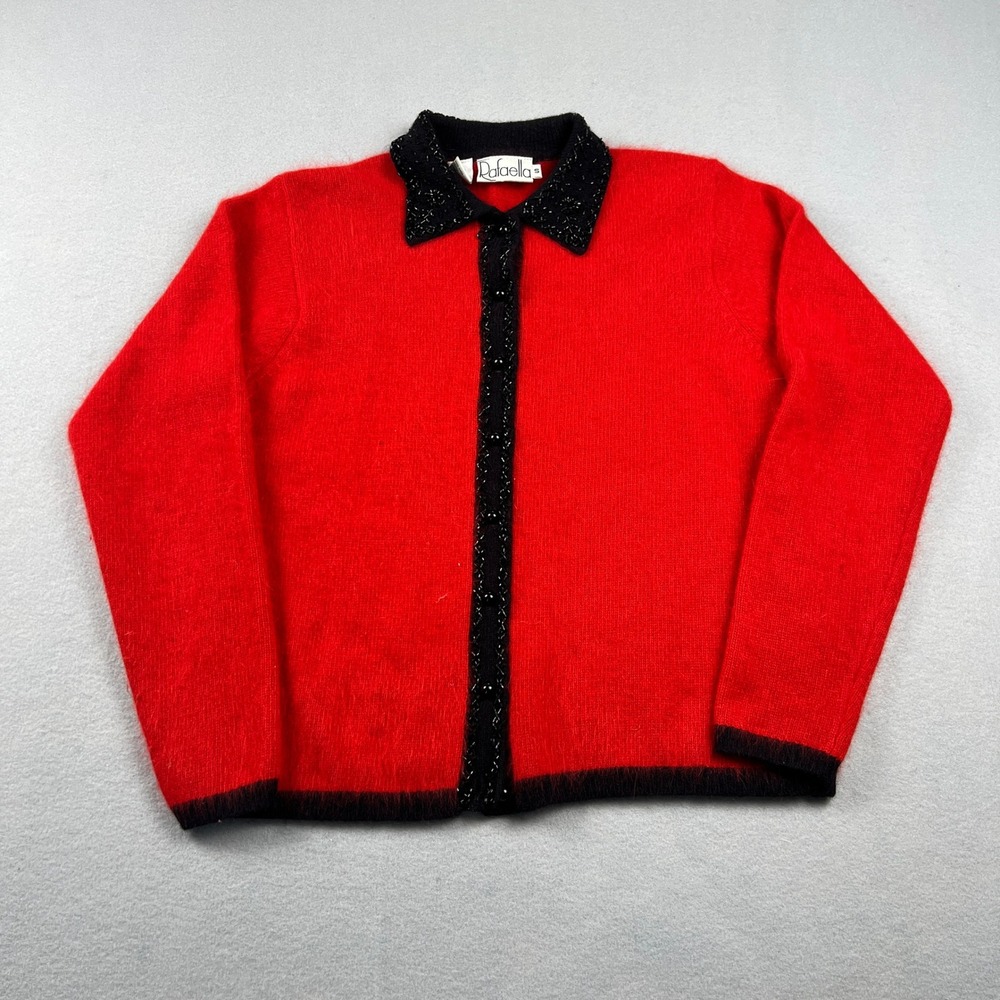 VTG Rafaella Cardigan Sweater Womens Small Red Angora Lambswool Beaded  Holiday